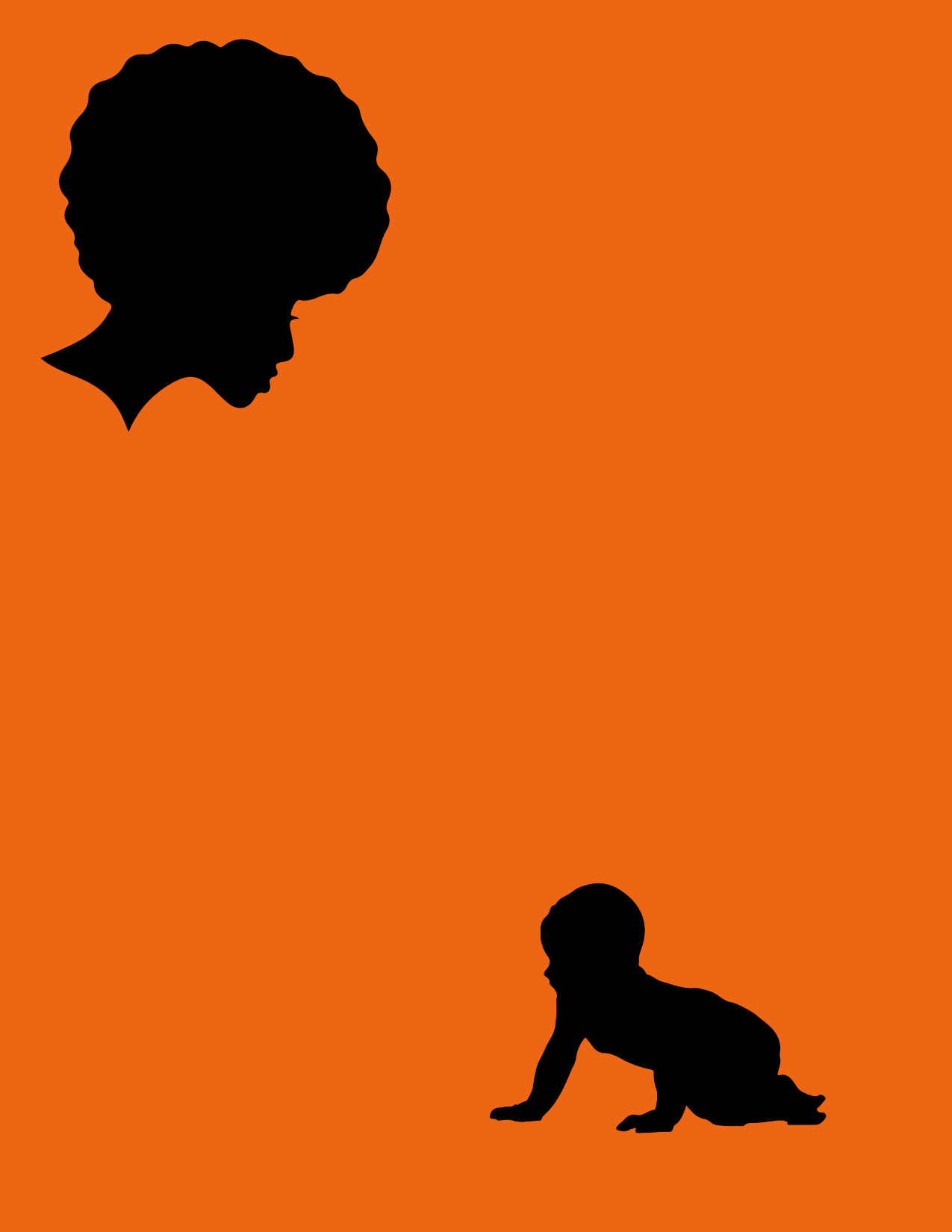 Solid orange background, afro woman silhouette in top left corner looking down on silhouette crawling baby on bottom right corner