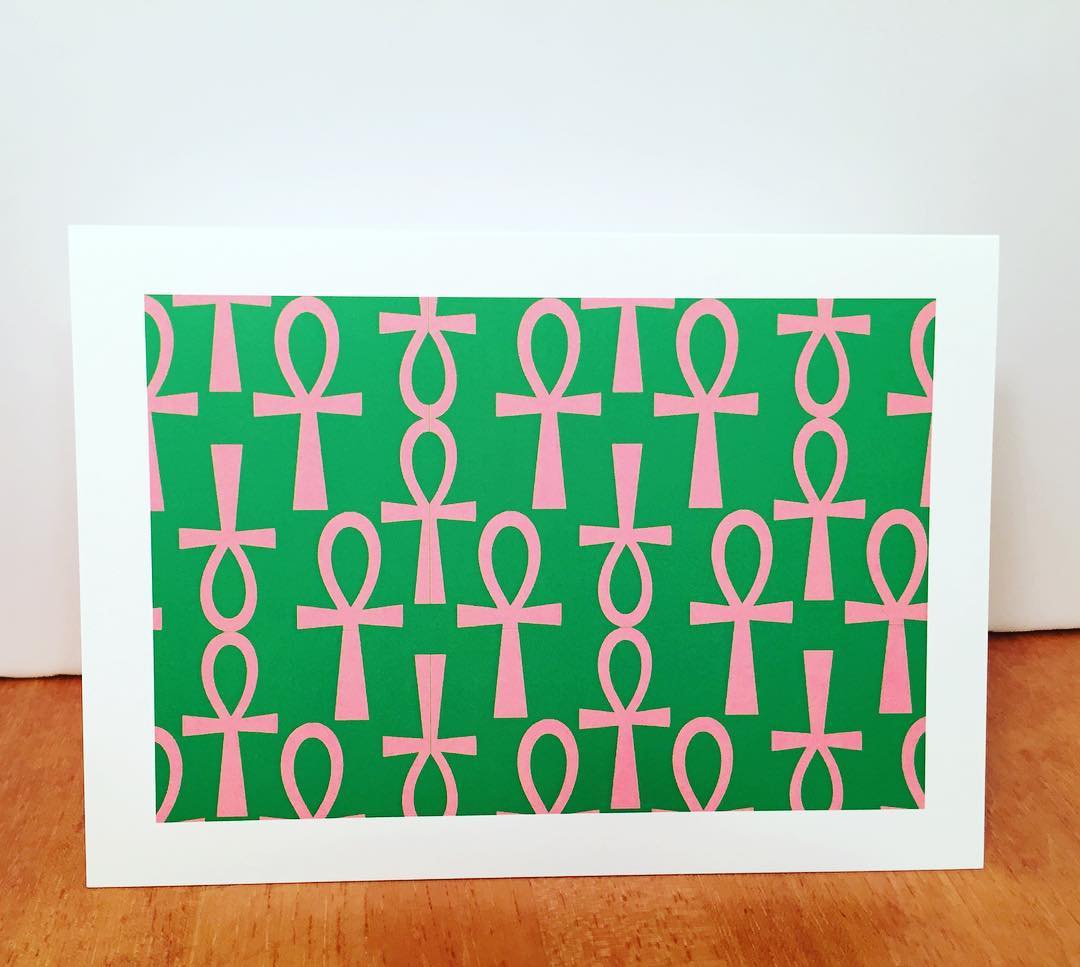 Ankh Greeting Card-Green and Pink (single greeting card)