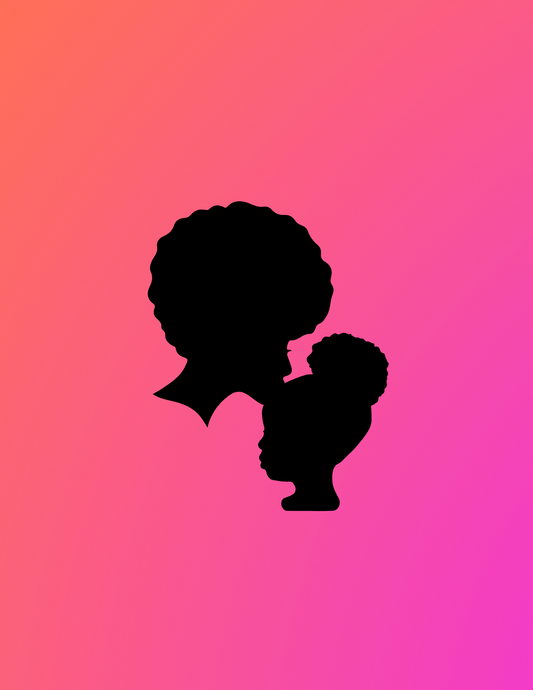 Orange and hot pink gradient background, centered is afro woman silhouette kissing young black girl silhouette on forehead