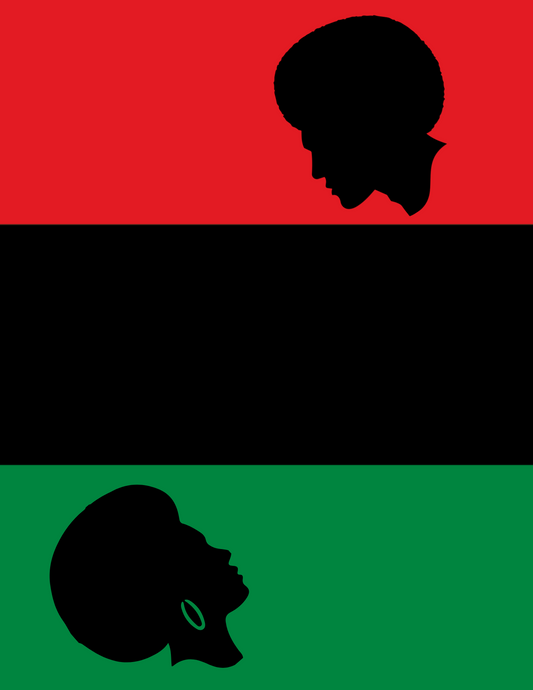 Red Black and Green Flag background, afro Black man silhouette at top right corner looking down, afro Black woman with hoop earring at bottom left corner looking up at afro Black man