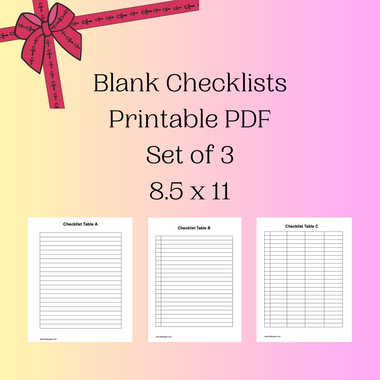 Blank Checklist Table Set of 3-Printable PDF