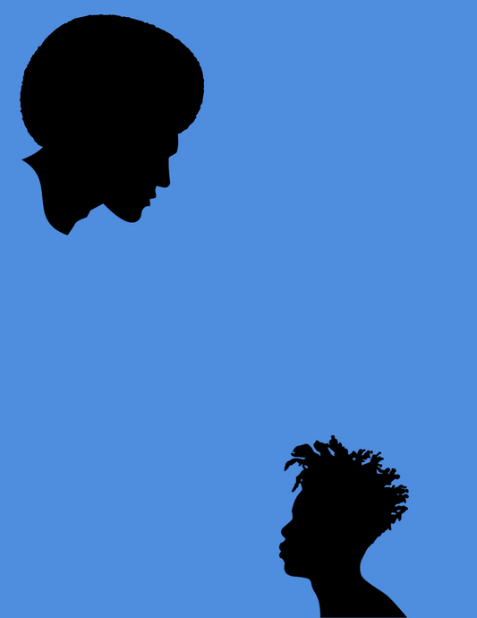 Sky blue background, silhouette afro man in top left corner looking down on silhouette of young Black man with hightop dreadlocks