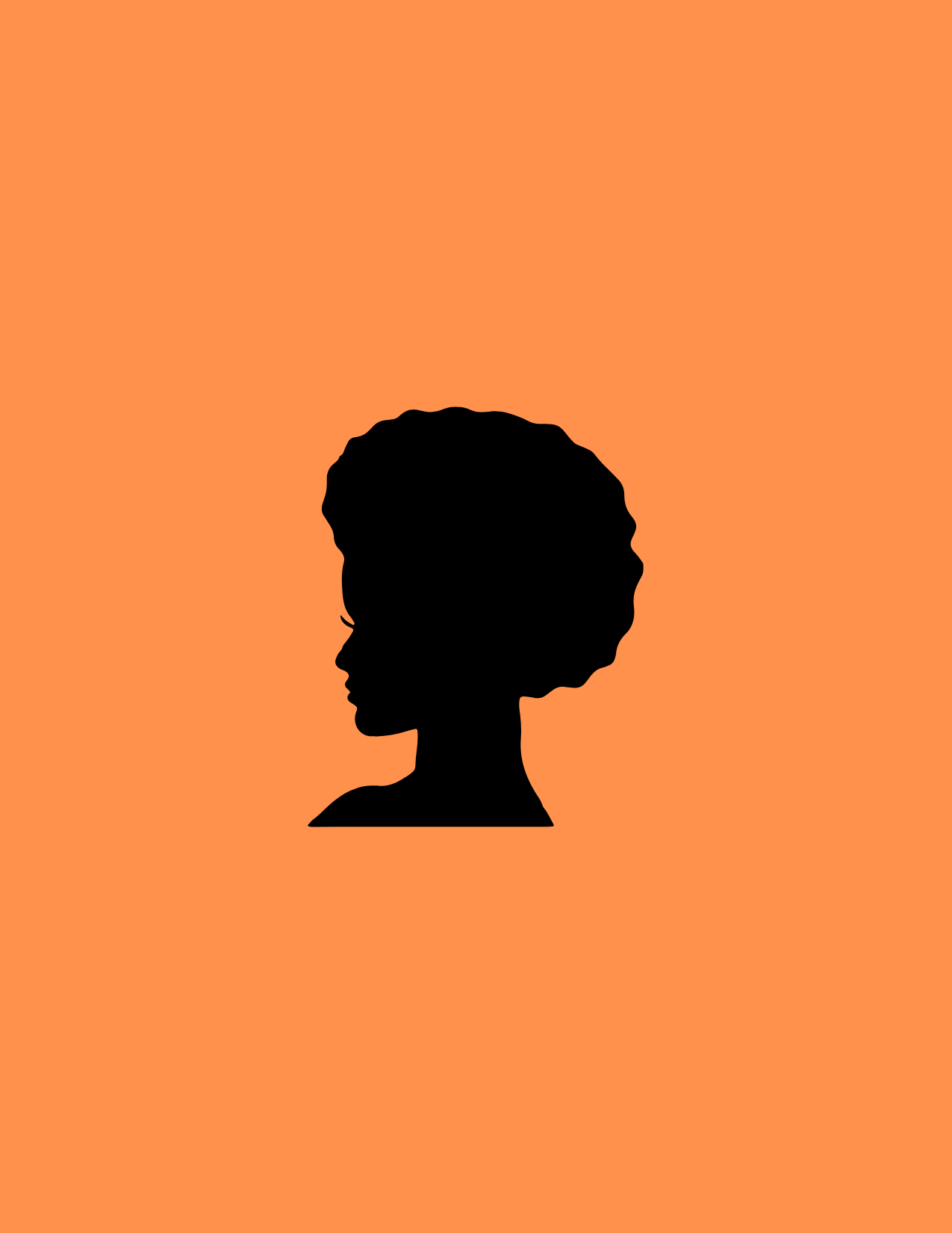 Solid tangerine  background, silhouette of afro Black woman centered, neck and partial shoulder