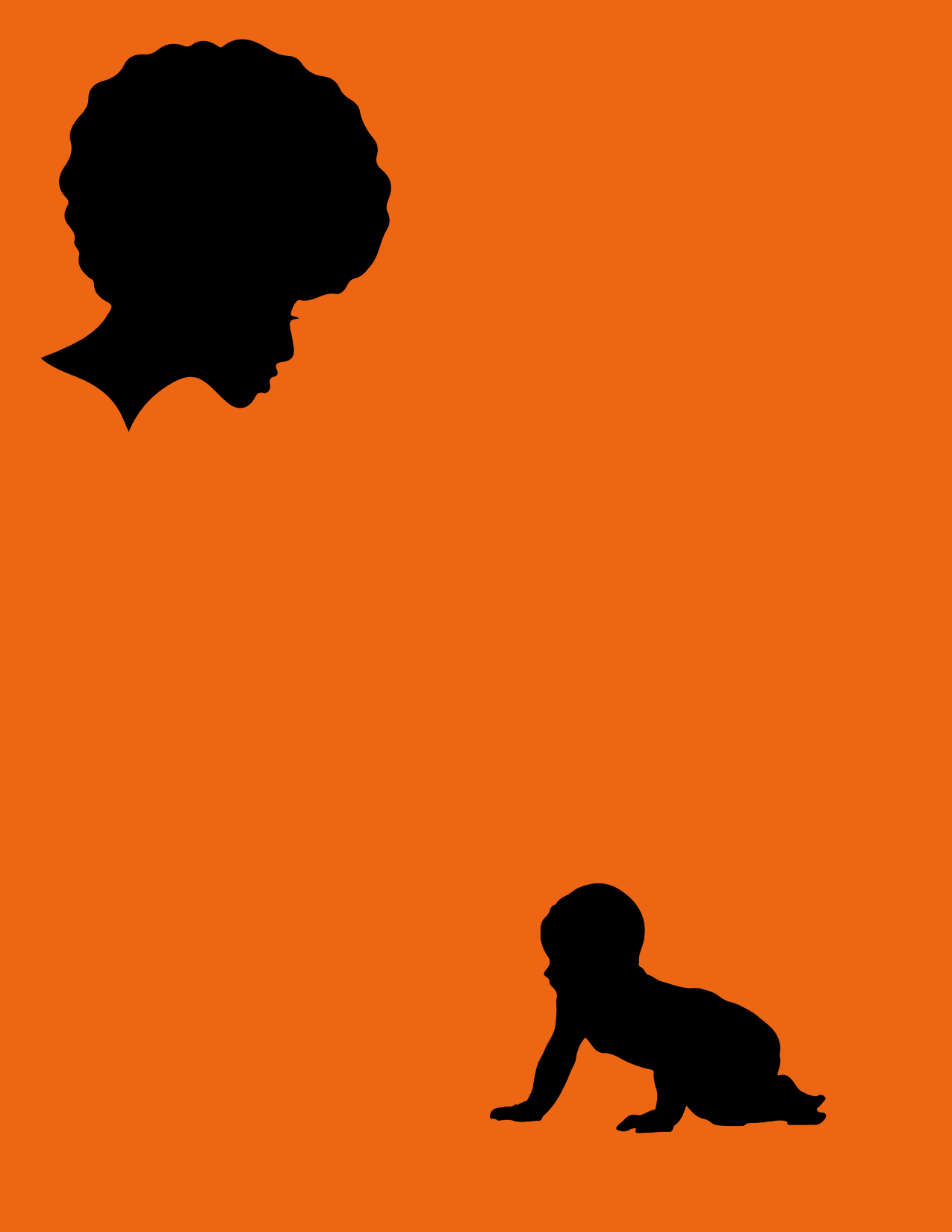 Solid orange background, afro woman silhouette in top left corner looking down on silhouette crawling baby on bottom right corner 