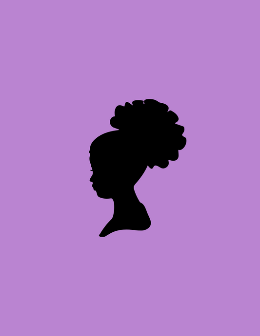 Solid lavender background with silhouette of young girl centered with puffball hairstyle, neck and shoulder included